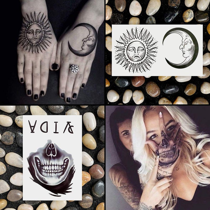 Oottati Waterproof 9 Sheets Back of Hand Fake Temporary Tattoo Stickers - Black Halloween Skull Horror Eye Devil Sun Moon Totem (Halloween) - Image 3